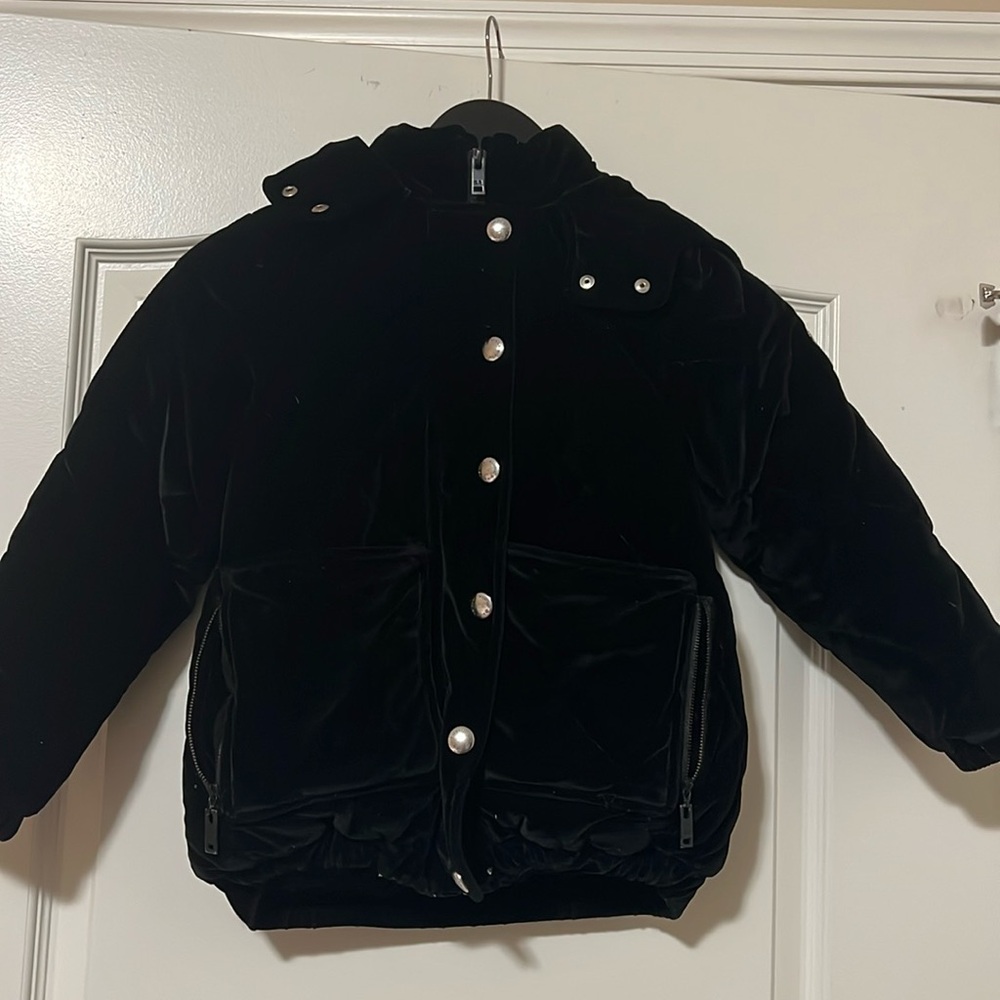 Sonia Rykiel Enfant black quilted velvet puffer coat with hood 8Y